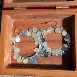 Boho Silver Tone Hoop Earrings with Dangling Discs